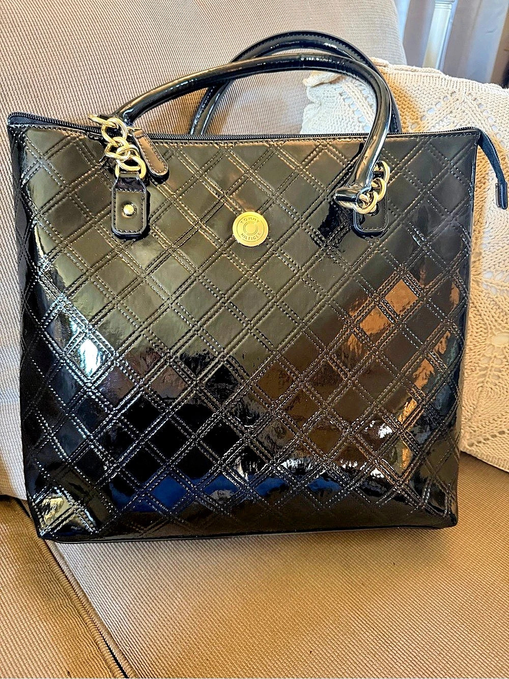 Tommy Hilfiger Quilted Patent Tote in Black